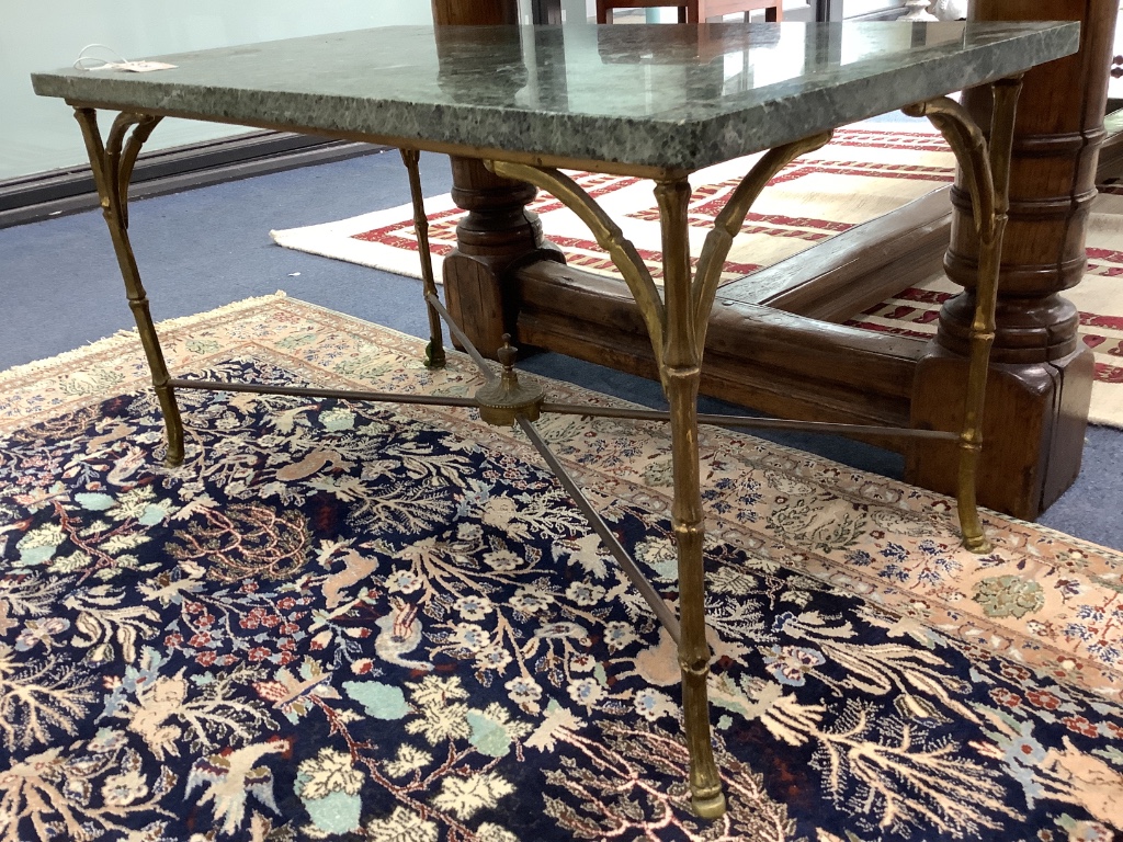 A rectangular brass marble top occasional table, width 80cm, depth 43cm, height 42cm
